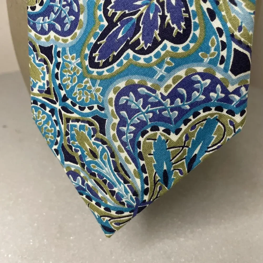 Liberty Of London Floral Mens Tie Cotton 80s 90s Vintage Blue Paisley Leaf Fine
